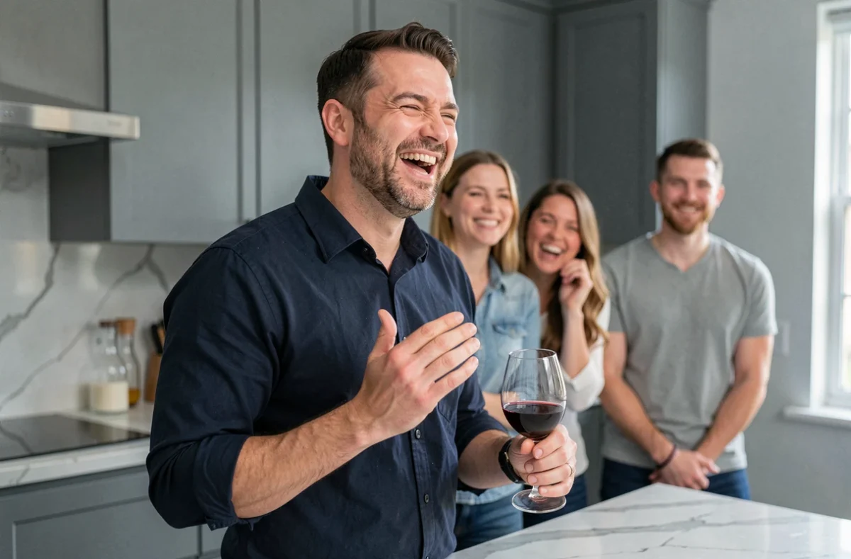 Homme en soirée tenant un verre de vin rouge expliquant une blague d'humour noir avec une expression mi-amusée mi-gênée