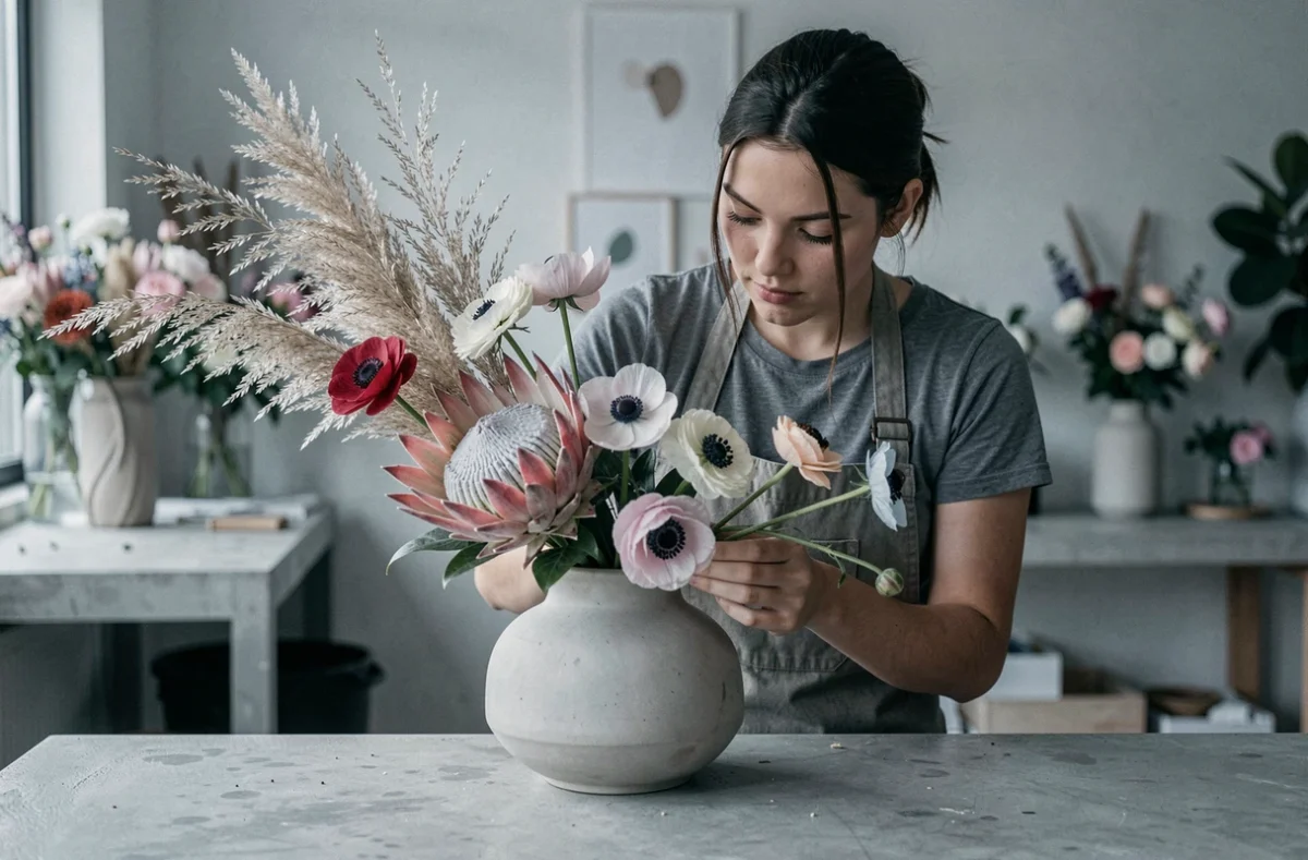 Jeune fleuriste créative composant un arrangement floral moderne et audacieux dans l'atelier Id'Fleurs