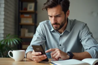 Homme consultant un indicatif international +44 sur son smartphone dans un bureau à domicile