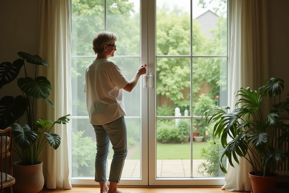 Femme installant une moustiquaire sur une grande fenêtre intérieure