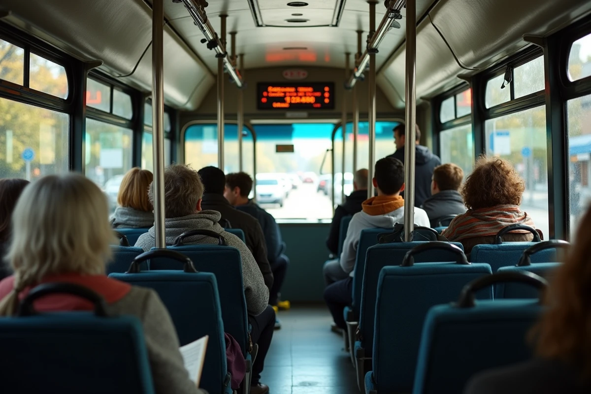 Intérieur du bus 92 avec des passagers en route vers une correspondance RER en région parisienne