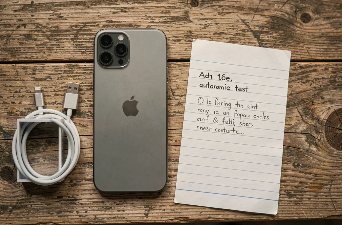 Flat lay d'un iPhone 16e posé sur une table en chêne avec câble USB-C, batterie externe et notes manuscrites de test d'autonomie