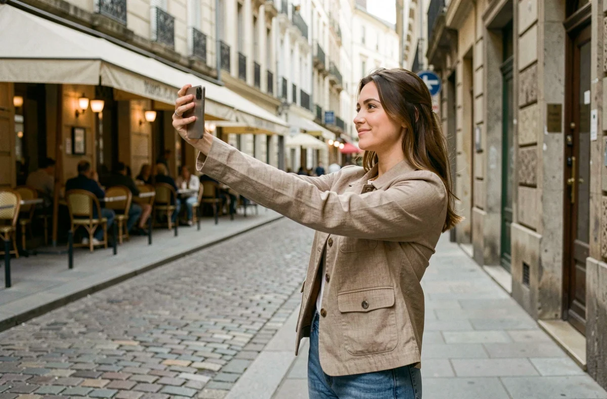Femme utilisant un iPhone 16e pour photographier une rue pavée en milieu urbain, illustrant les capacités photo après un an d'utilisation