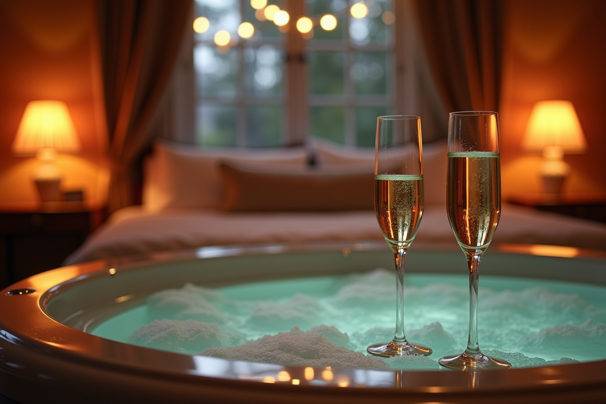 Moment romantique dans un jacuzzi avec champagne en Normandie
