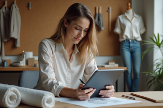 Jeune créatrice de mode dessinant sur une tablette dans son studio