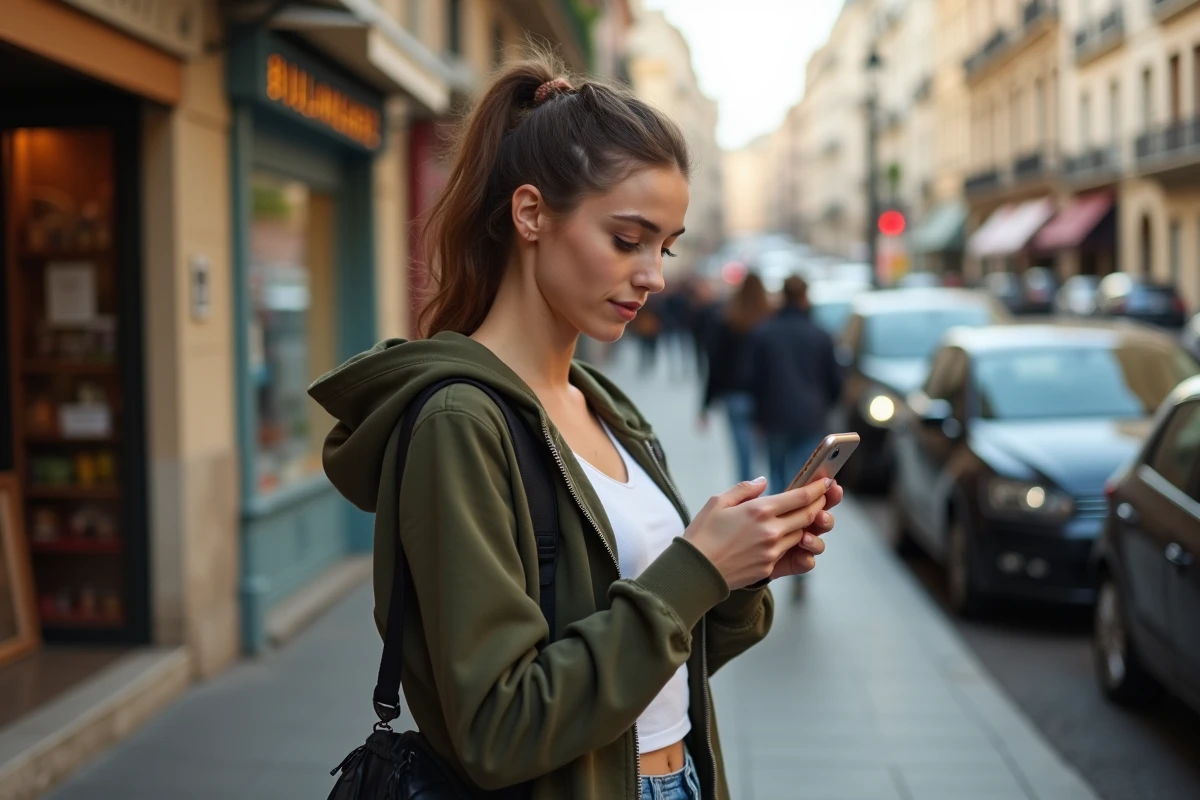 Jeune femme dans une rue française utilisant un annuaire inversé gratuit pour identifier un numéro 06 inconnu