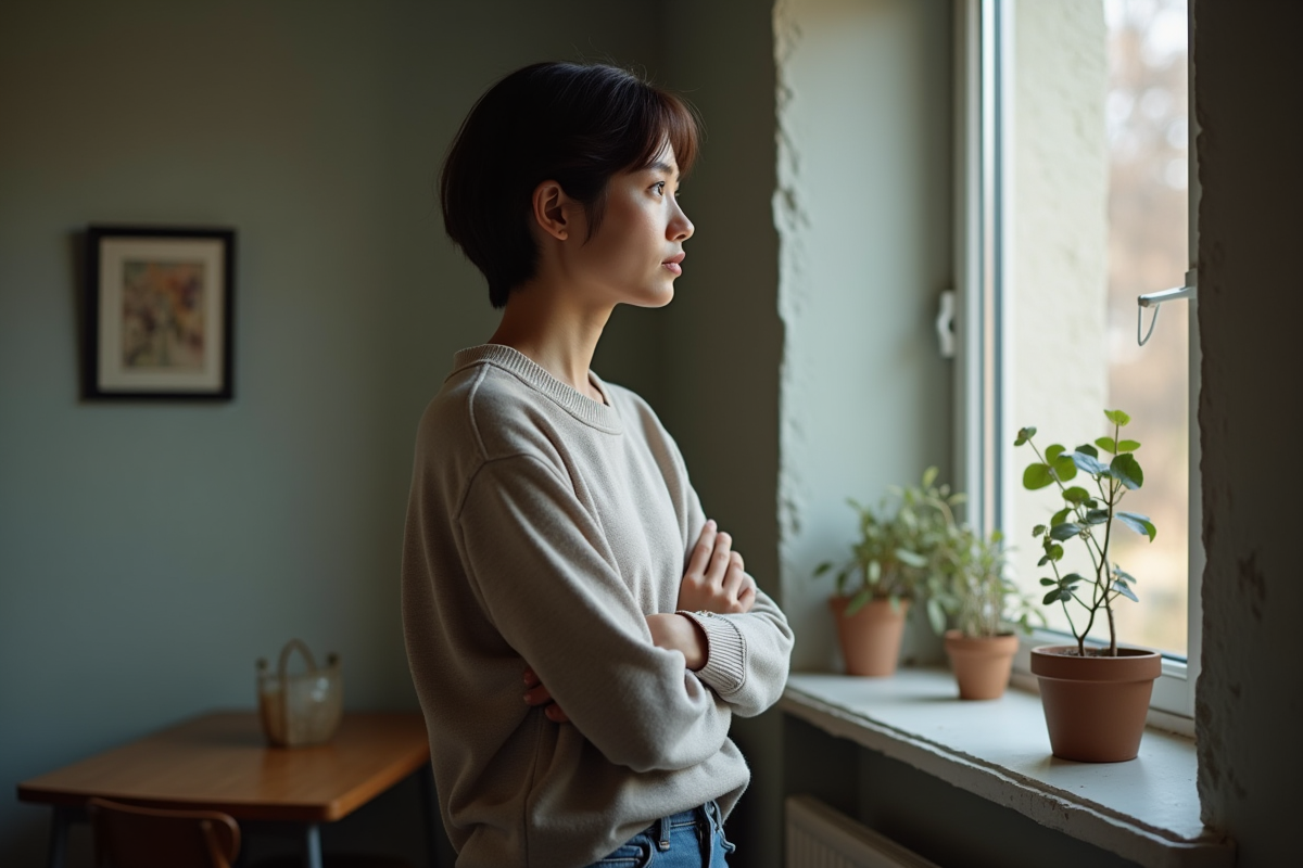 Jeune femme regardant par la fenêtre dans un appartement modeste