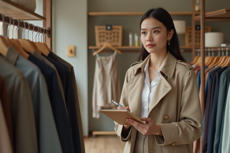 Jeune femme en trench beige examine un vêtement en boutique