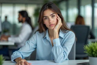 Jeune femme au bureau avec expression pensive et anxieuse