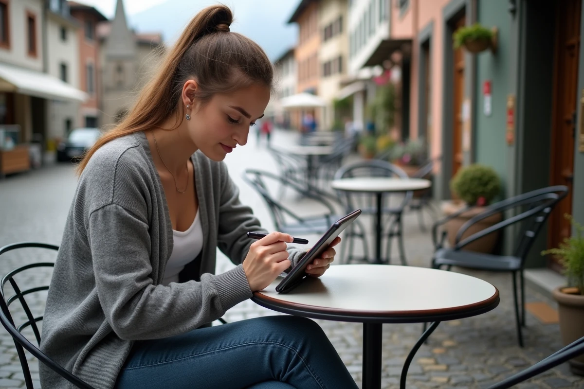 Jeune femme résolvant un mots croises sur tablette en extérieur