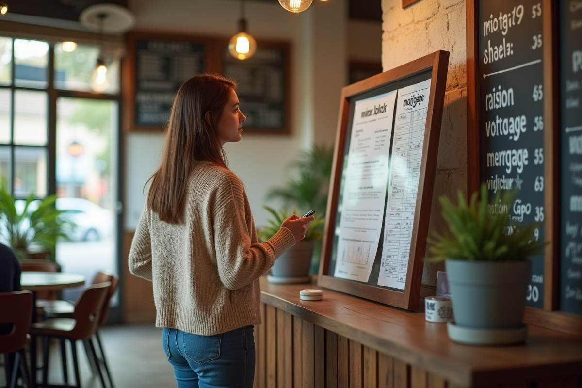 Jeune femme consulte un tableau de taux hypothécaires au café