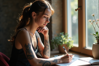 Jeune femme regardant un carnet de croquis avec tatouages bras