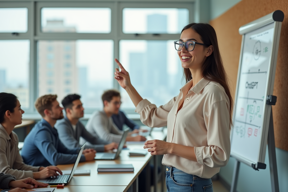 Jeune femme enseignant devant un tableau blanc avec diagramme