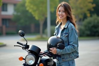 Jeune femme souriante avec casque à côté d'une moto 125cc