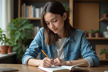 Jeune femme en denim prenant des notes dans un bureau cosy