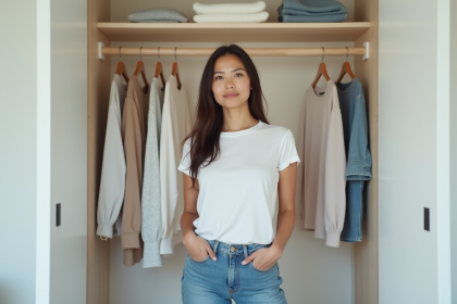 Jeune femme devant un placard organisé en toute simplicité