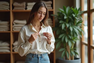 Jeune femme examine une étiquette de vêtement éthique dans une boutique