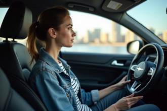 Jeune femme dans une voiture moderne regardant par la fenêtre