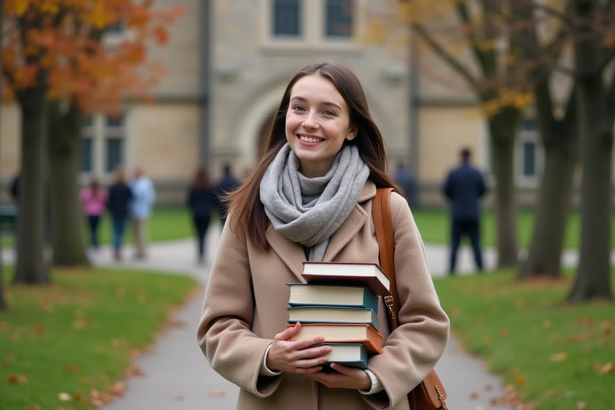 Jeune femme souriante portant des livres dans un campus universitaire