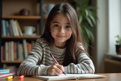 Jeune fille souriante en étude avec livre de grammaire