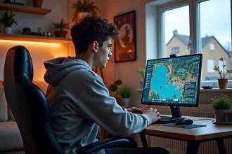 Jeune homme concentré jouant sur son ordinateur à la maison