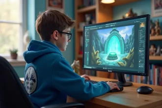 Jeune garçon concentré devant un écran de jeu fantasy