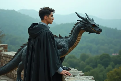 Jeune homme en robe académique avec dragon au sommet d’un rempart