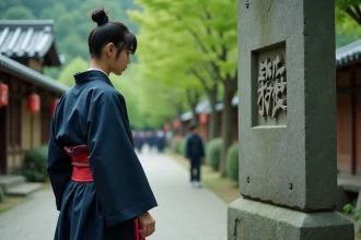 Jeune homme japonais en kimono regardant un monument Hokage