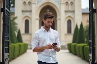 Jeune homme regardant son smartphone devant la mosquee de Compiègne
