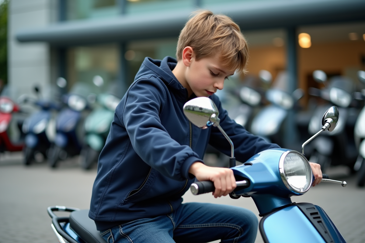 Jeune garçon examinant une moto 50cc en ville