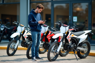 Jeune homme examine une moto de motocross en concession