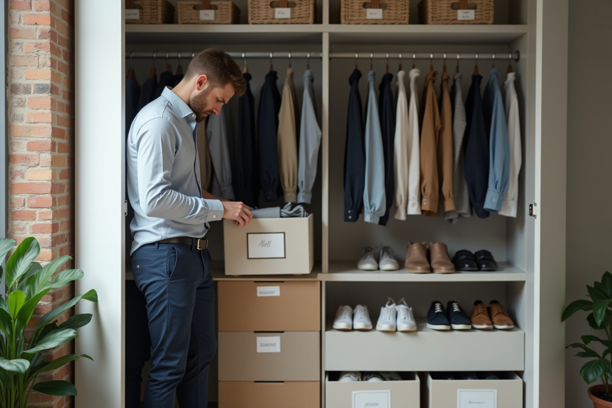 Jeune homme triant accessoires dans un placard urbain