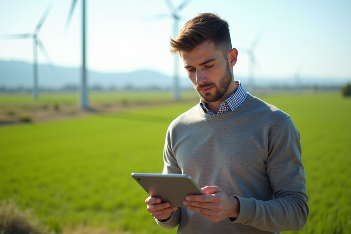 Jeune homme regarde un parc éolien en utilisant une tablette