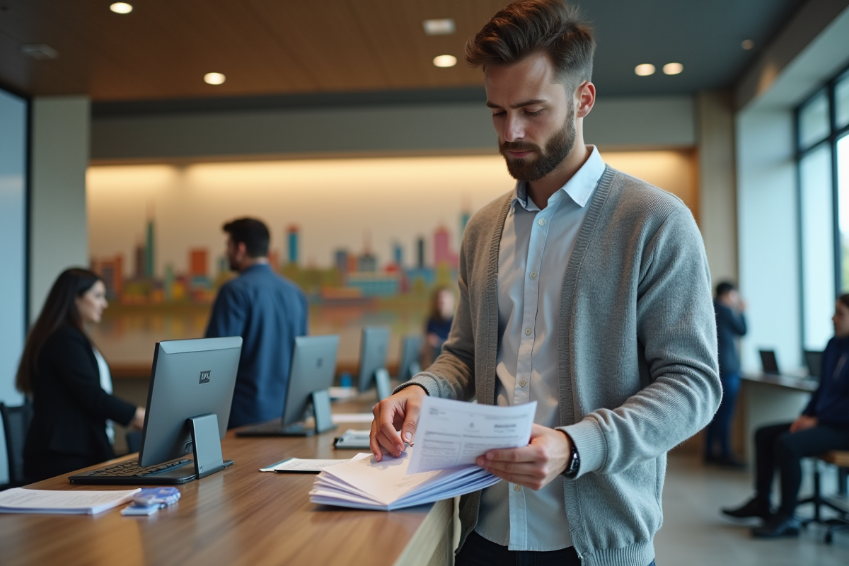Jeune homme trie des relevés bancaires au guichet