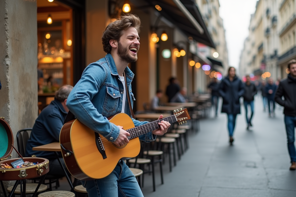 Jeune homme jouant de la guitare dans la rue à Paris