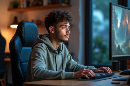 Jeune homme gamer concentré dans une pièce cosy avec décorations dofus