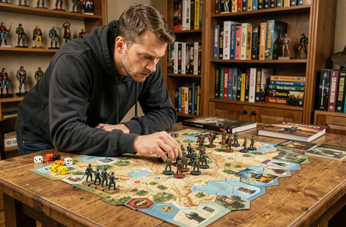 Joueur adulte concentré sur un jeu de stratégie de guerre avec plateau hexagonal et figurines militaires peintes sur une table en bois