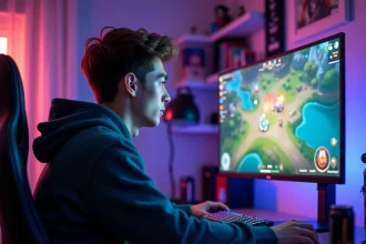 Joueur de League of Legends concentré devant son écran de jeu dans une chambre gaming avec setup RGB