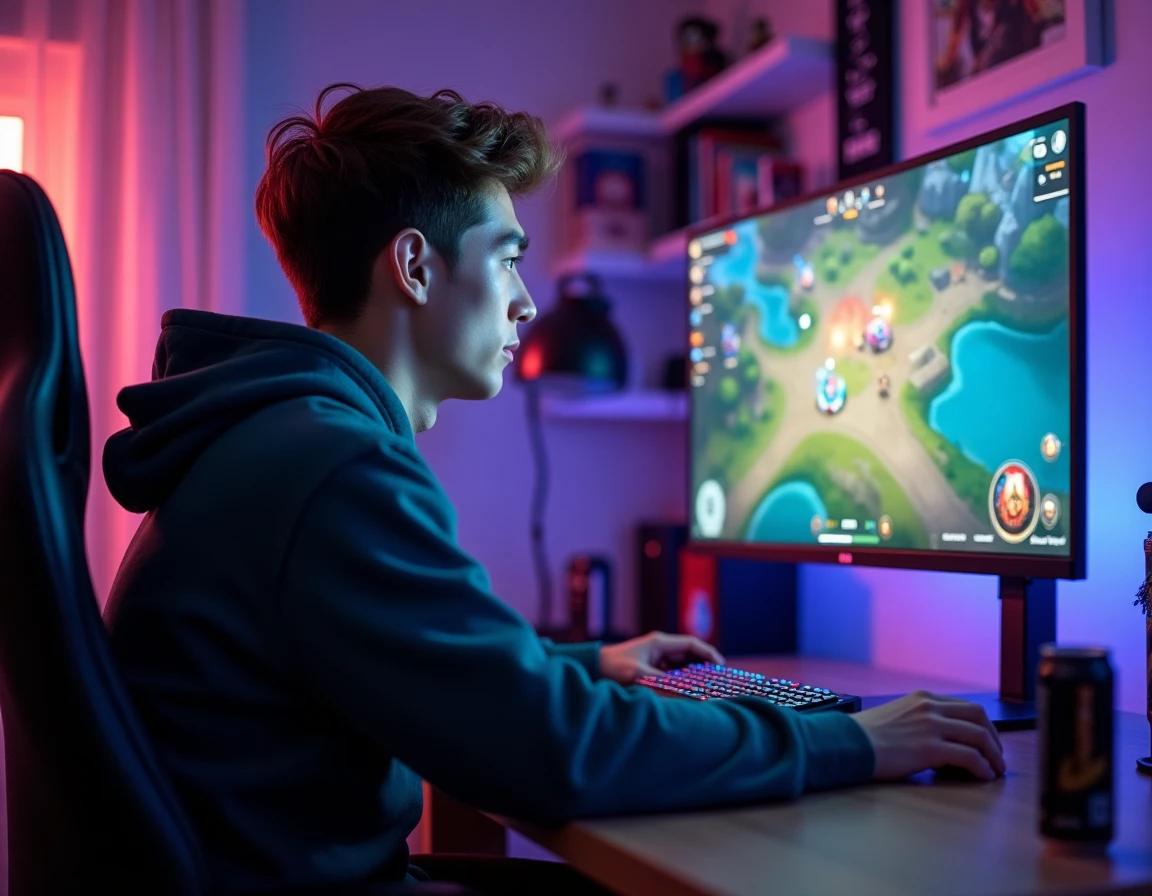 Joueur de League of Legends concentré devant son écran de jeu dans une chambre gaming avec setup RGB