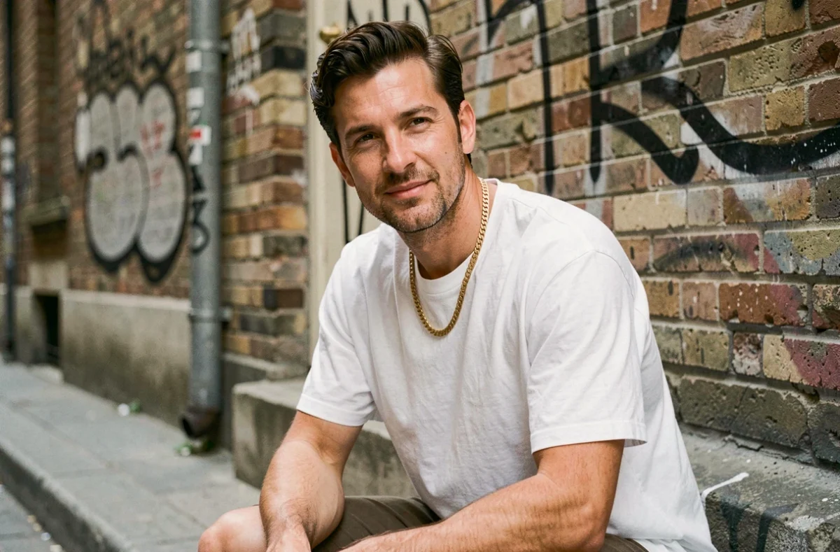 Portrait d'un rappeur français charismatique en t-shirt blanc dans une ruelle parisienne, illustrant l'identité réelle de Jul né Julien Mari