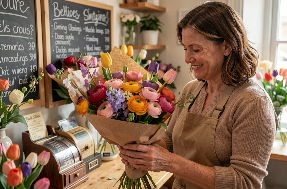 Fleuriste souriante emballant un bouquet printanier dans la boutique Le Sourire d'une Fleur