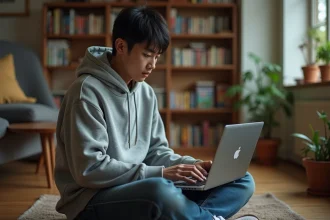 Jeune homme lisant des mangas en ligne sur ordinateur portable dans un appartement urbain avec des étagères de mangas en arrière-plan