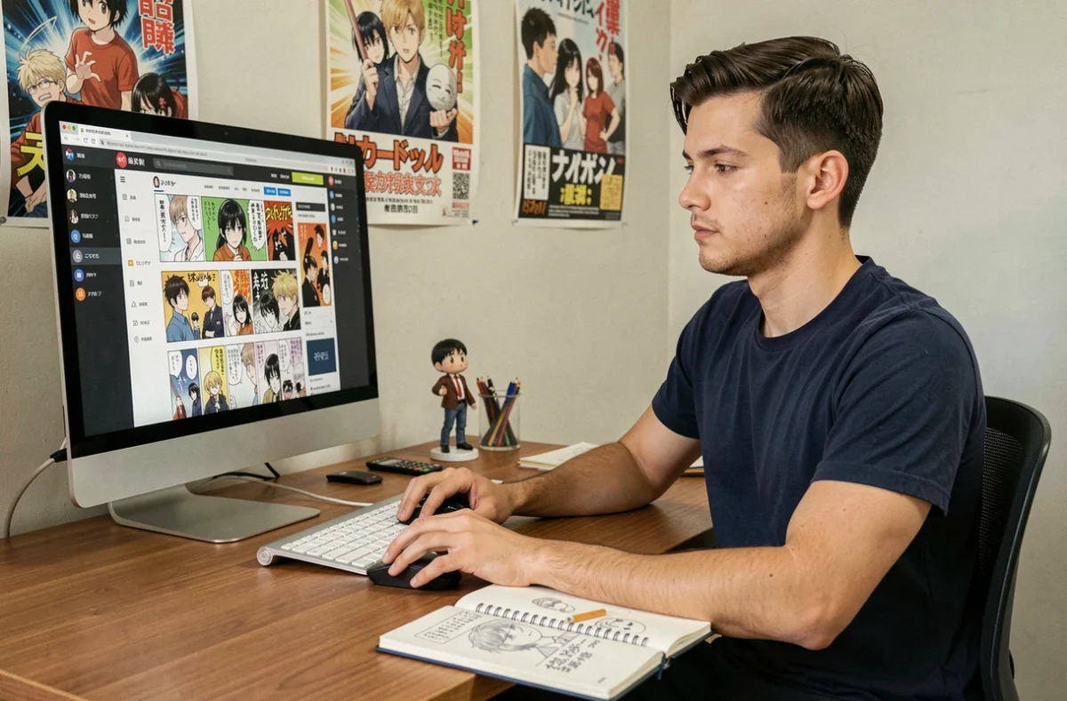 Jeune homme lisant des mangas gratuits en ligne sur un ordinateur dans un bureau décoré de posters de manga