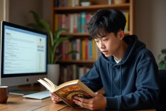 Jeune homme lisant un manga légalement acheté à son bureau avec un écran affichant une plateforme de lecture numérique