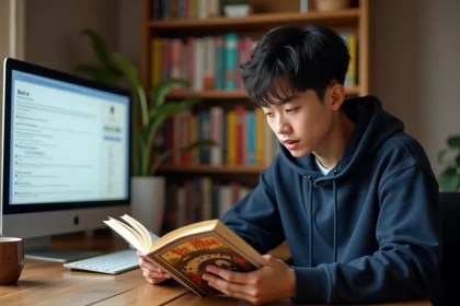 Jeune homme lisant un manga légalement acheté à son bureau avec un écran affichant une plateforme de lecture numérique