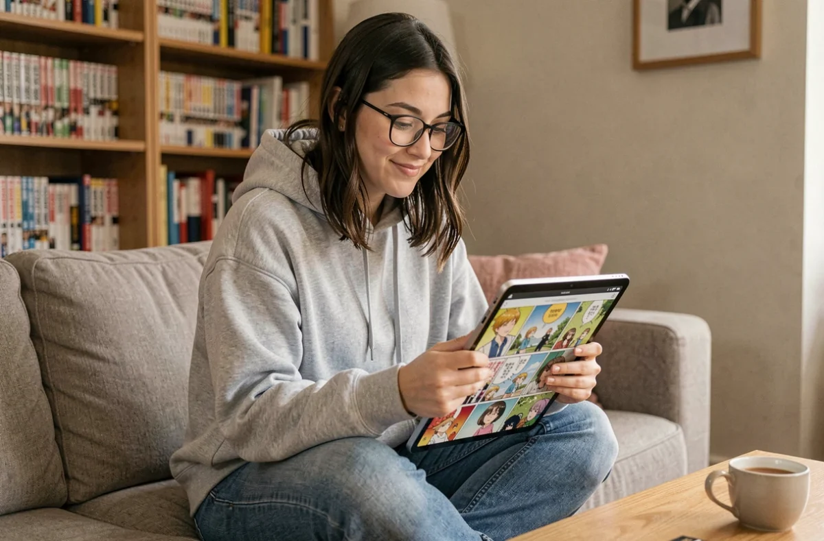 Jeune femme lisant des mangas en VF sur une tablette dans un salon cosy avec des étagères remplies de mangas