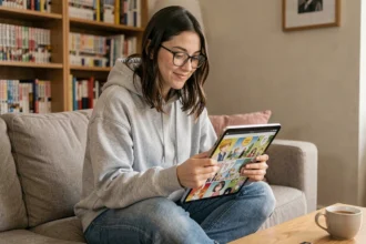 Jeune femme lisant des mangas en VF sur une tablette dans un salon cosy avec des étagères remplies de mangas