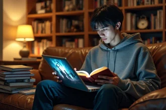 Jeune homme lisant un roman de fantasy chinois Invincible After Shocking My Empress Wife dans un salon cosy entouré de mangas
