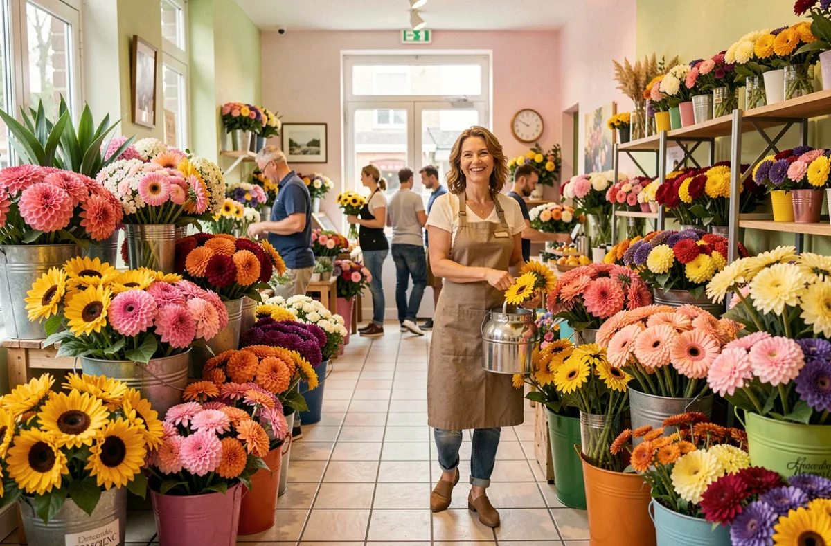 Fleuriste souriante entourée de gerbes et dahlias colorés dans la boutique Les Floralies