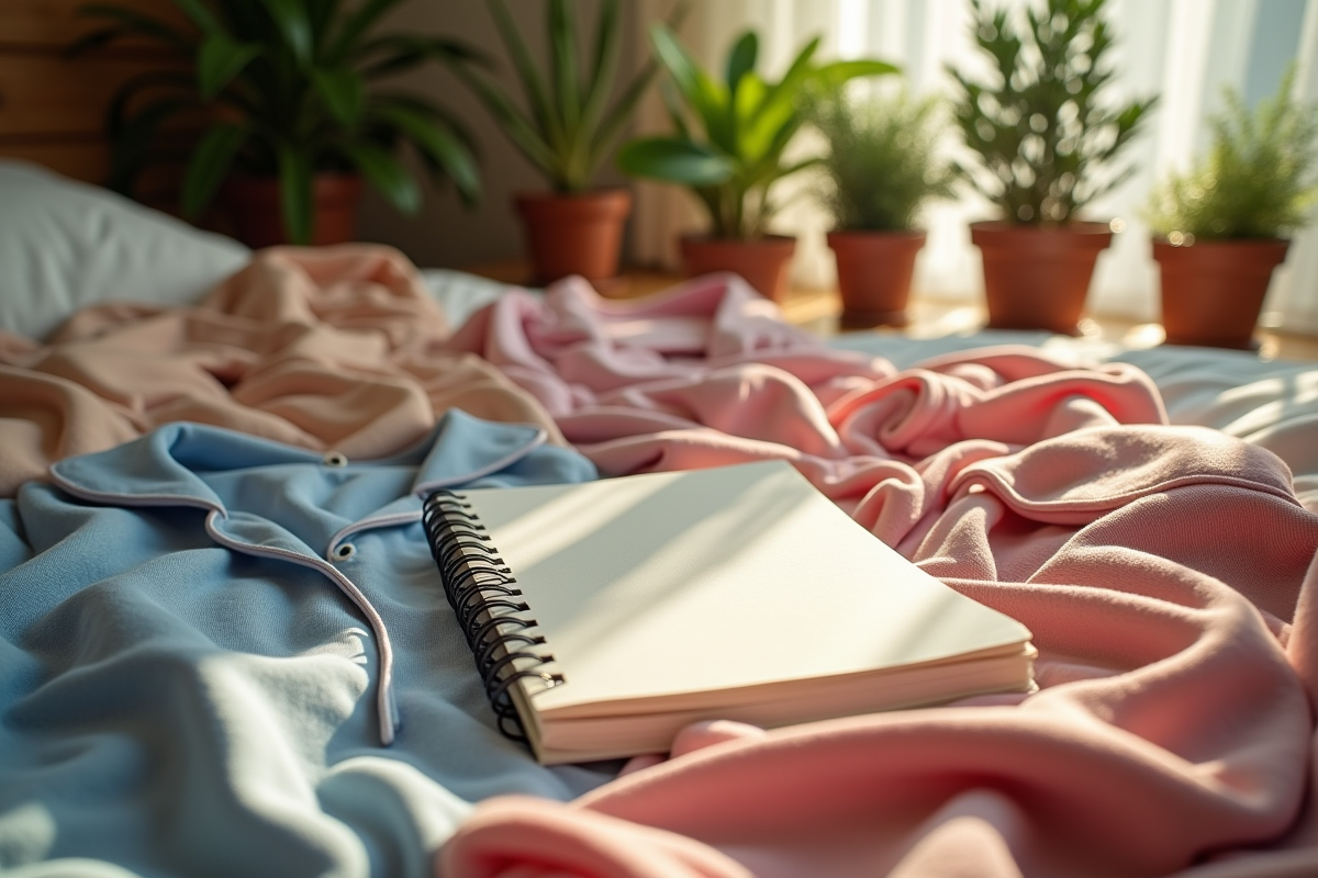 Lit avec pyjamas colorés et carnet de plans capsule wardrobe